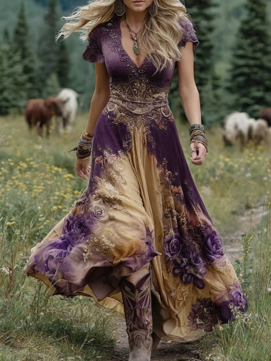 Kimberly Benn | Gradient Purple Lavender Floral Printed Short Maxi Dress