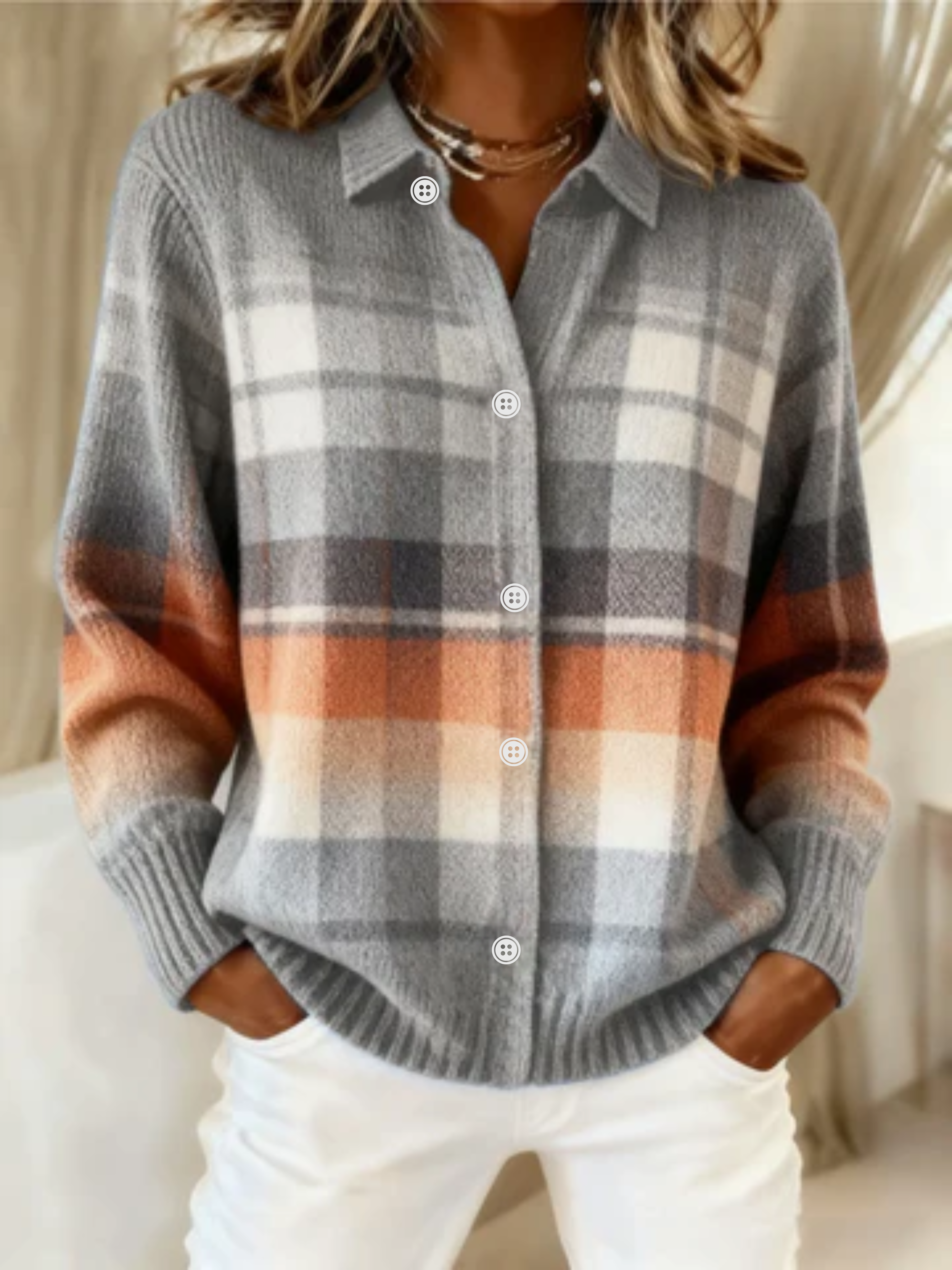 Kimberly Benn | Checked Hoodie Blouse In Soft Tones