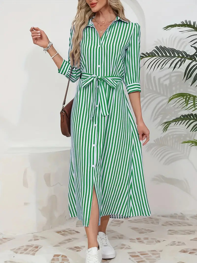 Kimberly Benn | Belted Striped Shirt Dress