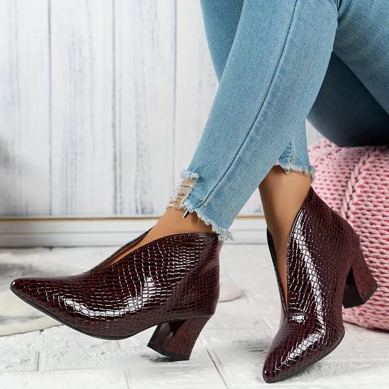 Kimberly Benn | Textured Ankle Boots, Curved Cut, Mid Block Heel