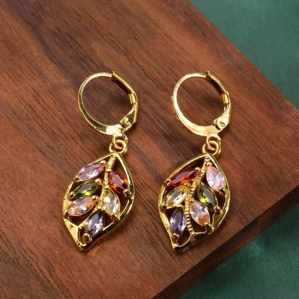 Kimberly Benn | Vintage Golden Leaf Earrings With Colorful Zirconia