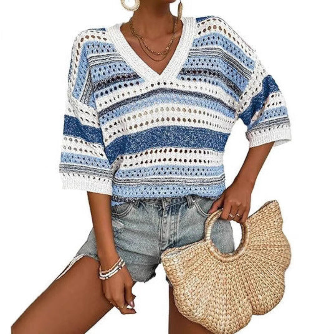 Kimberly Benn | Casual Striped Crochet V-Neck Summer Top