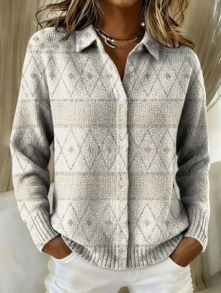 Kimberly Benn | Elegant Knit Hoodie Blouse With Diamond Pattern