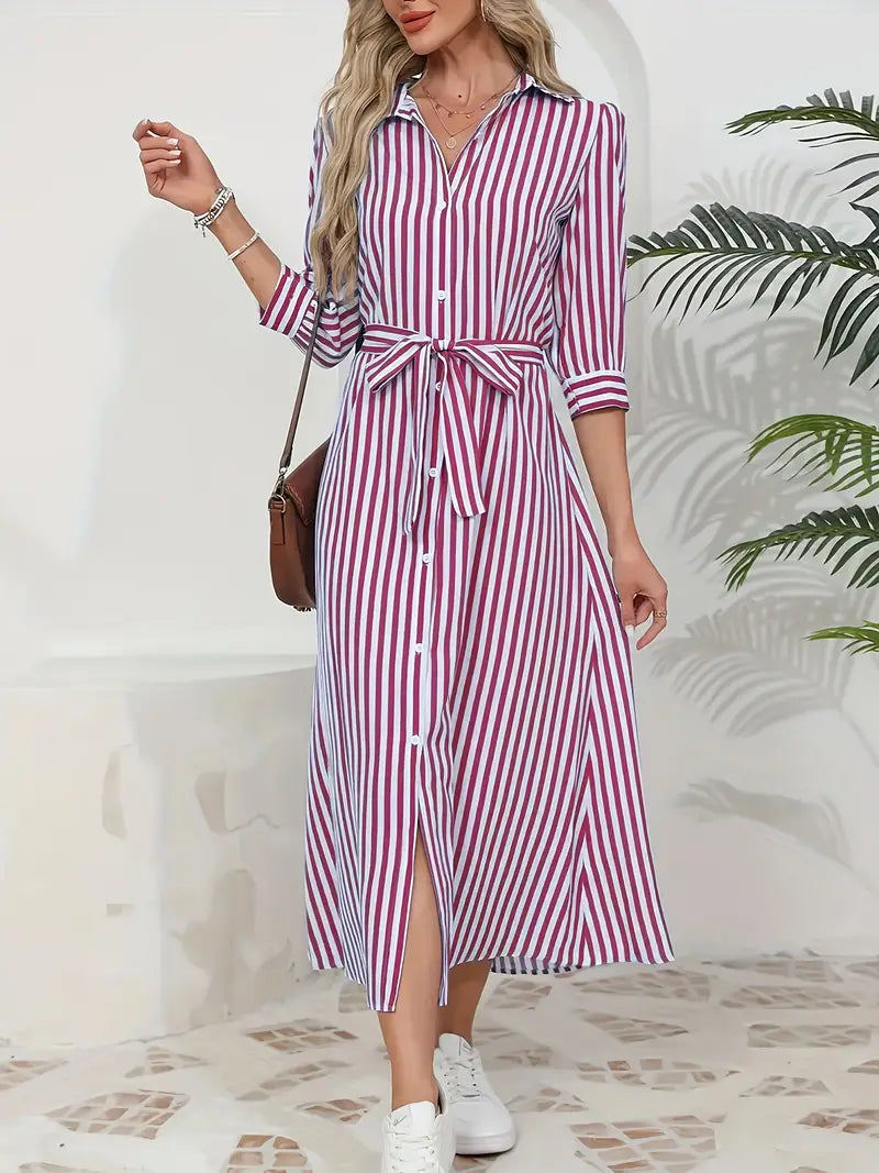 Kimberly Benn | Belted Striped Shirt Dress