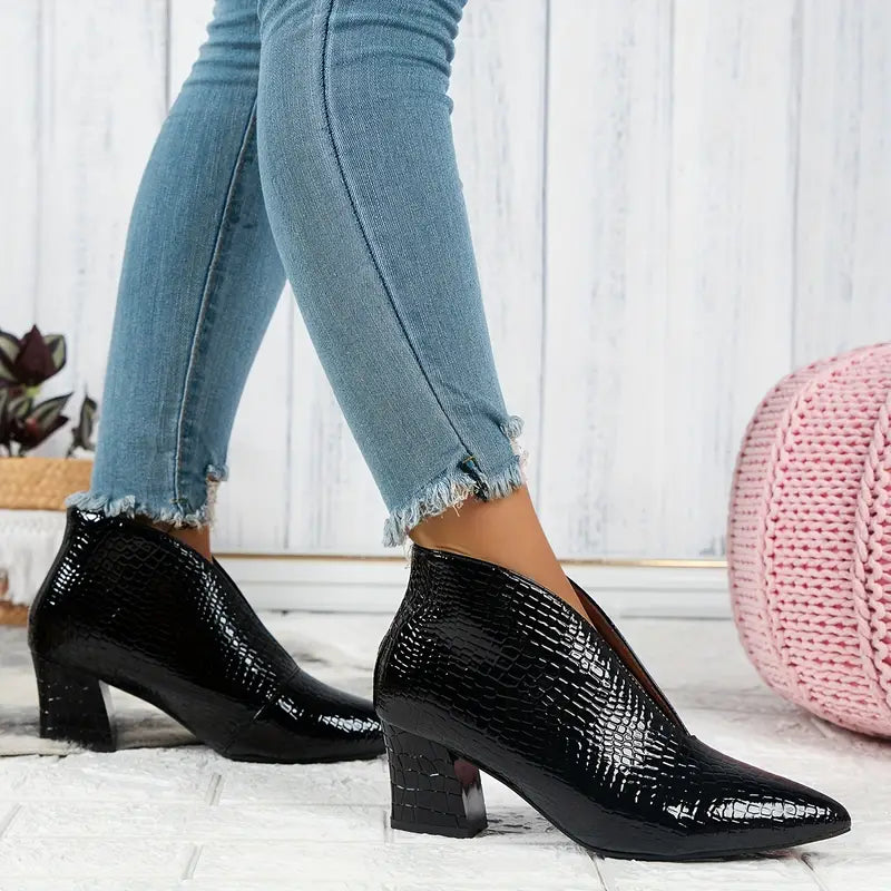 Kimberly Benn | Textured Ankle Boots, Curved Cut, Mid Block Heel