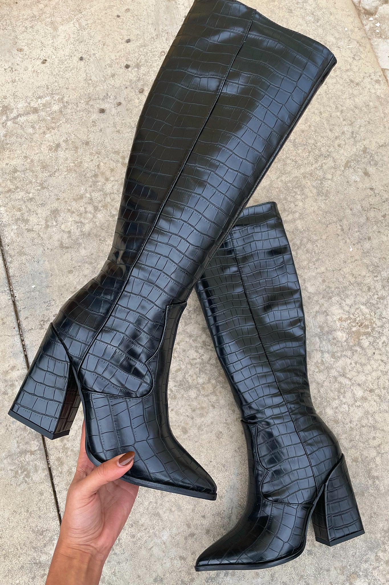 Kimberly Benn | Black Croc Knee-High Boots