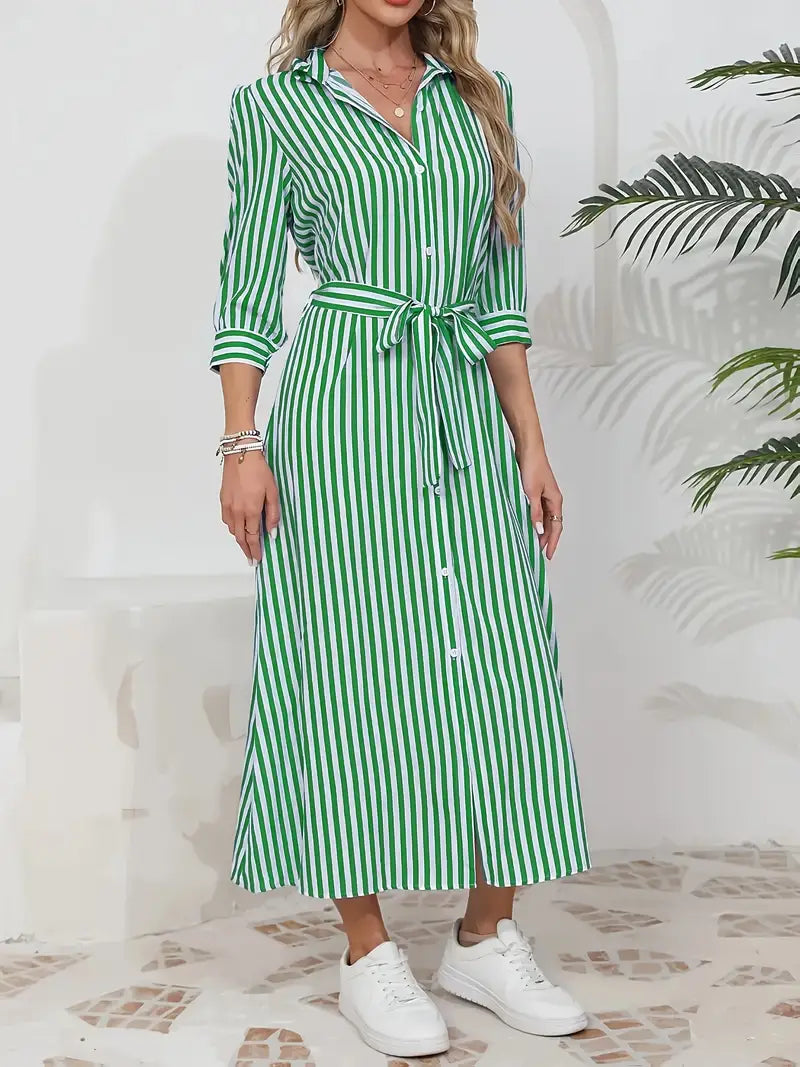 Kimberly Benn | Belted Striped Shirt Dress