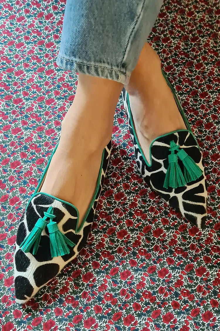Kimberly Benn | Pointed Loafer With Giraffe Print And Green Fringes