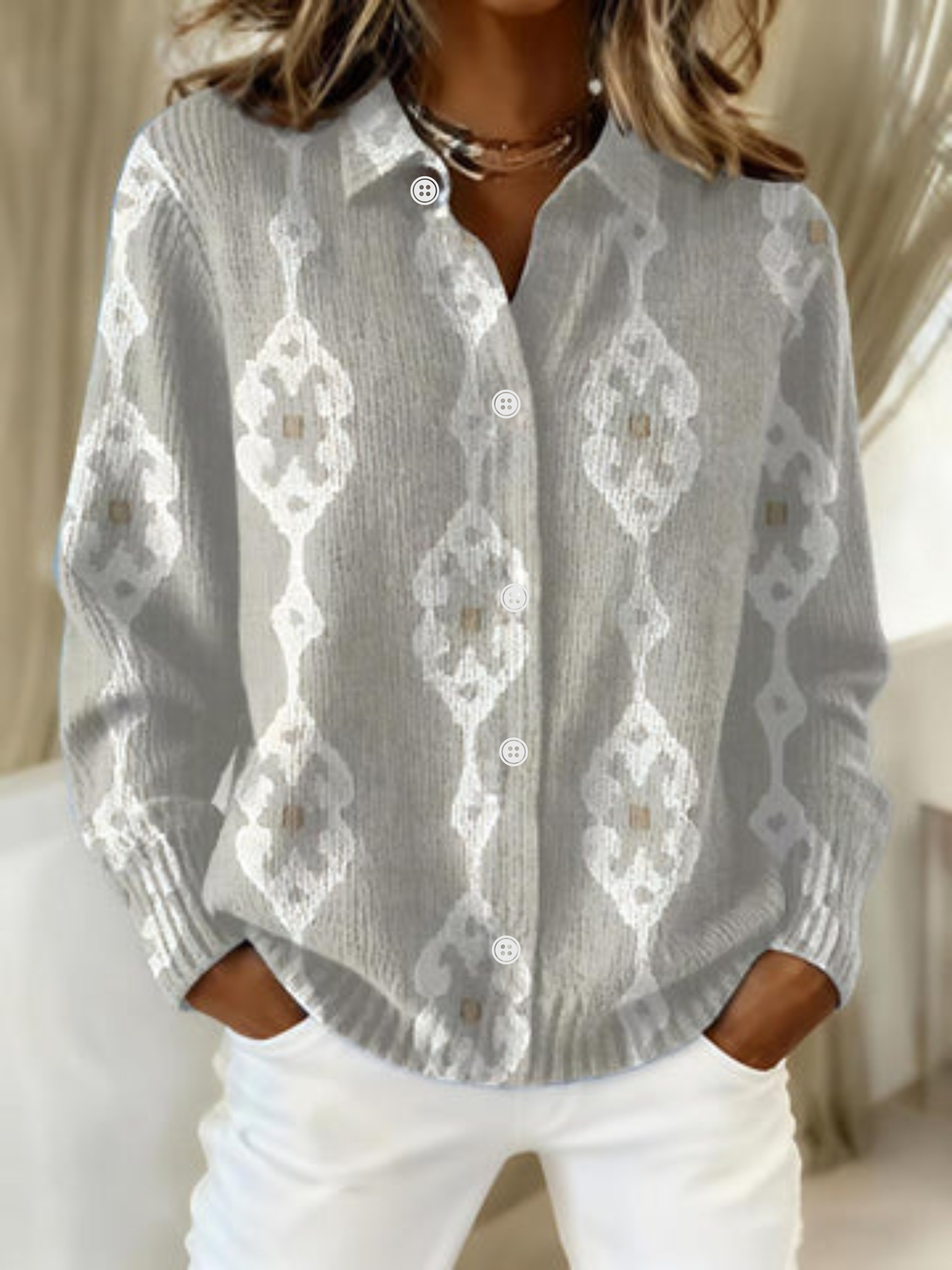 Kimberly Benn | Elegant Knit Hoodie Blouse With Diamond Pattern
