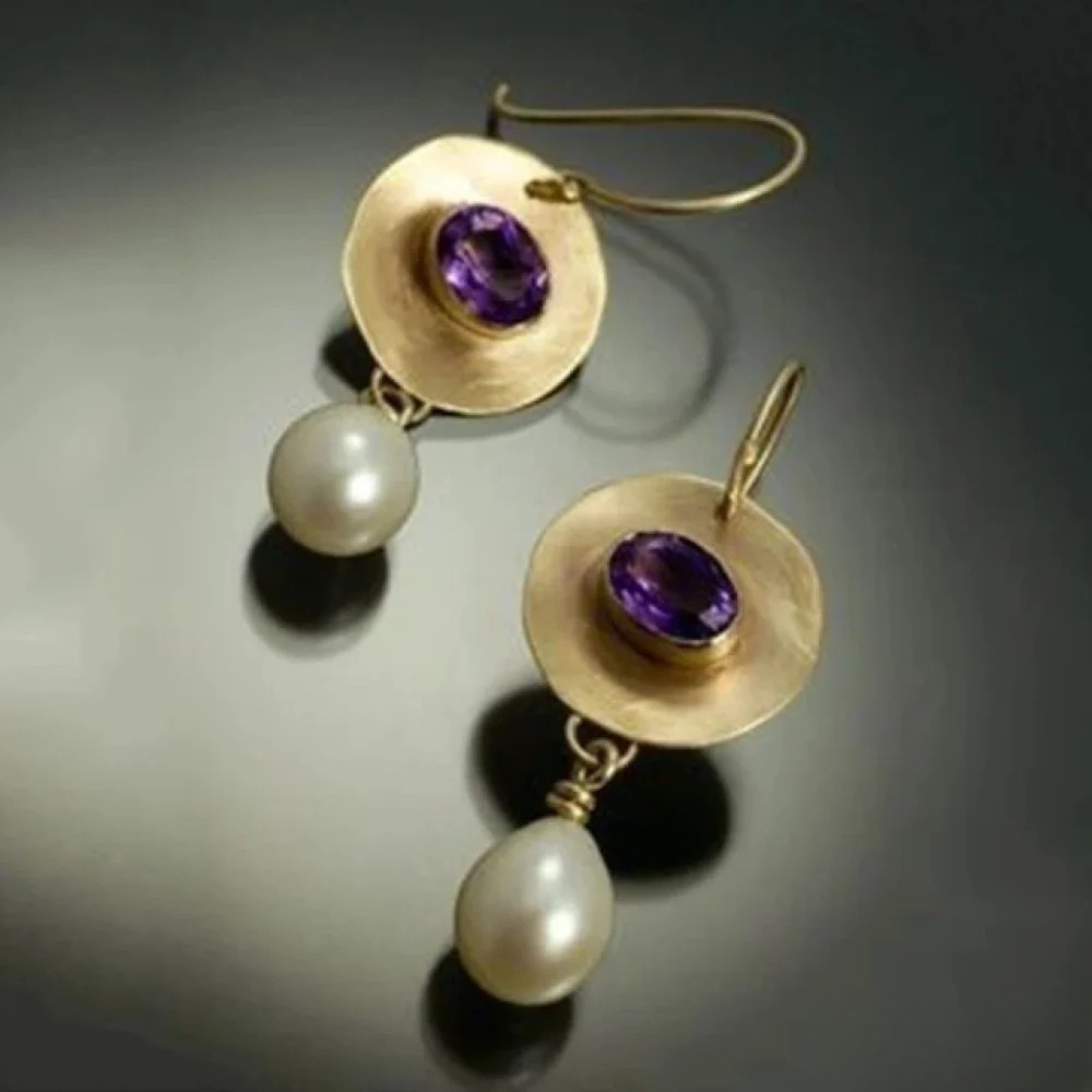 Kimberly Benn | Gold Earrings with Purple Zirconia and Pearls