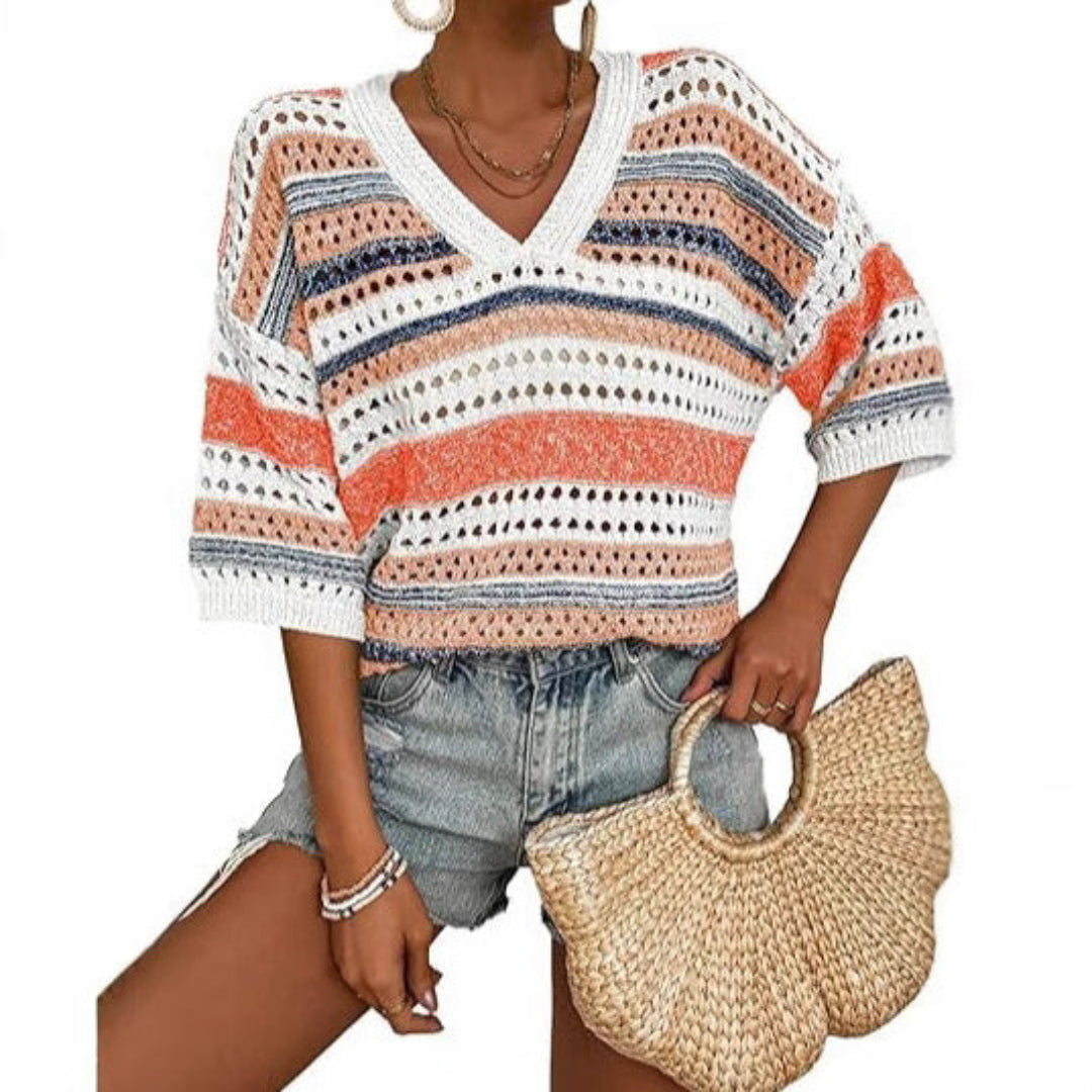 Kimberly Benn | Casual Striped Crochet V-Neck Summer Top