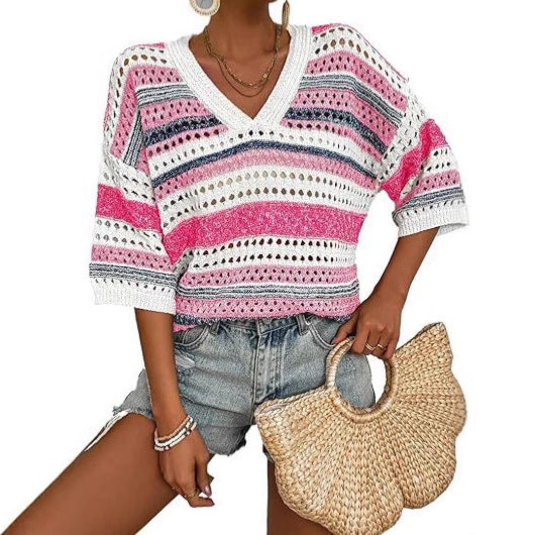Kimberly Benn | Casual Striped Crochet V-Neck Summer Top