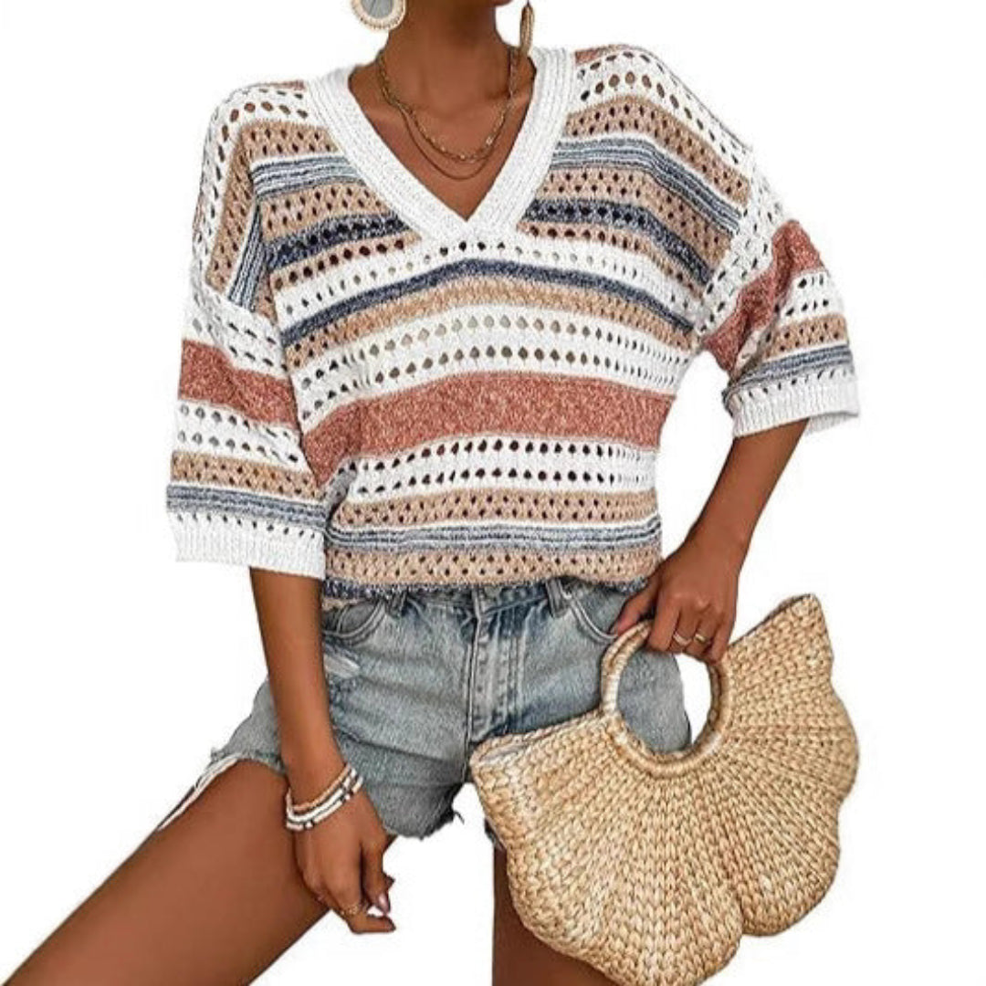 Kimberly Benn | Casual Striped Crochet V-Neck Summer Top