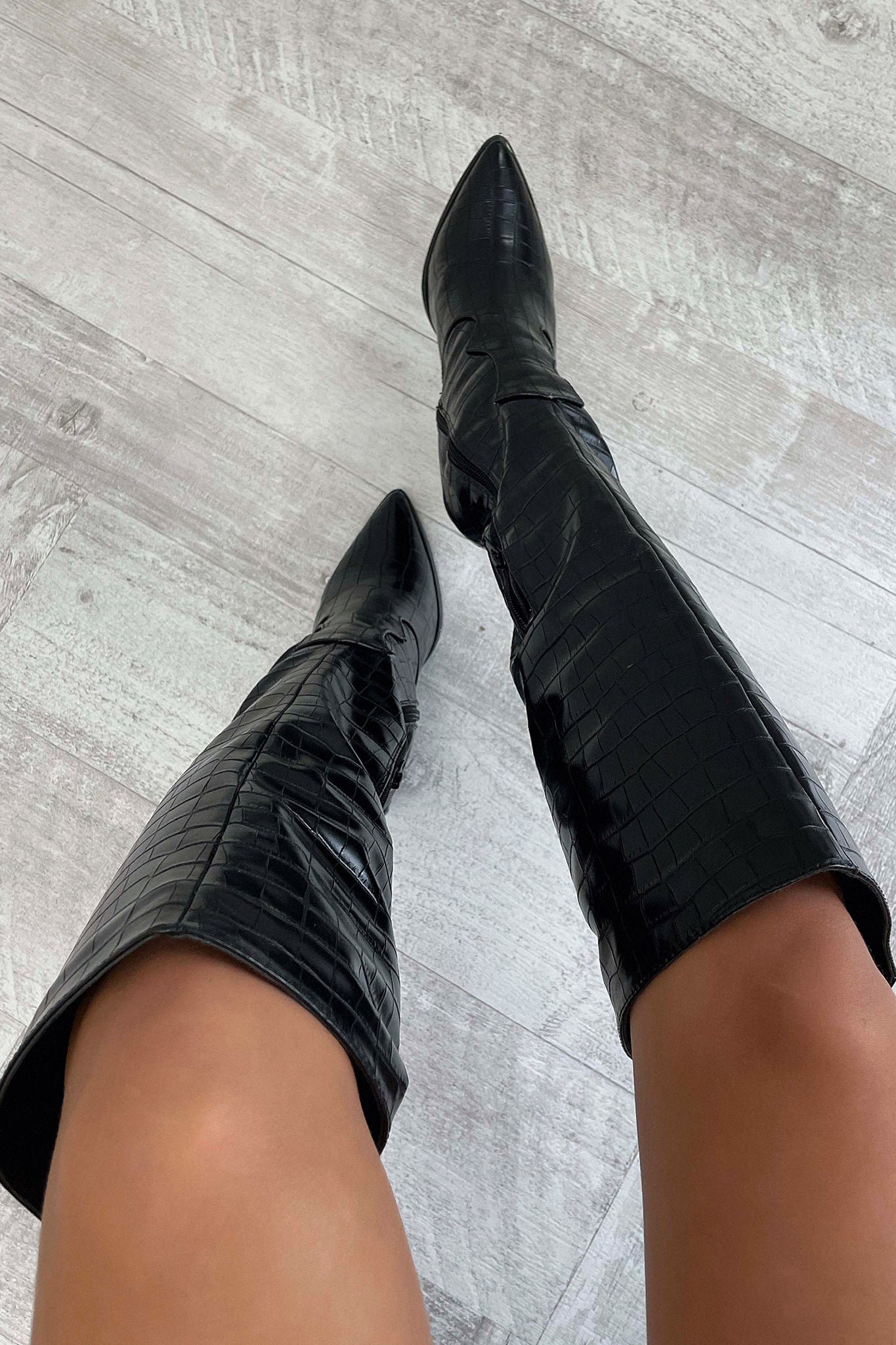 Kimberly Benn | Black Croc Knee-High Boots