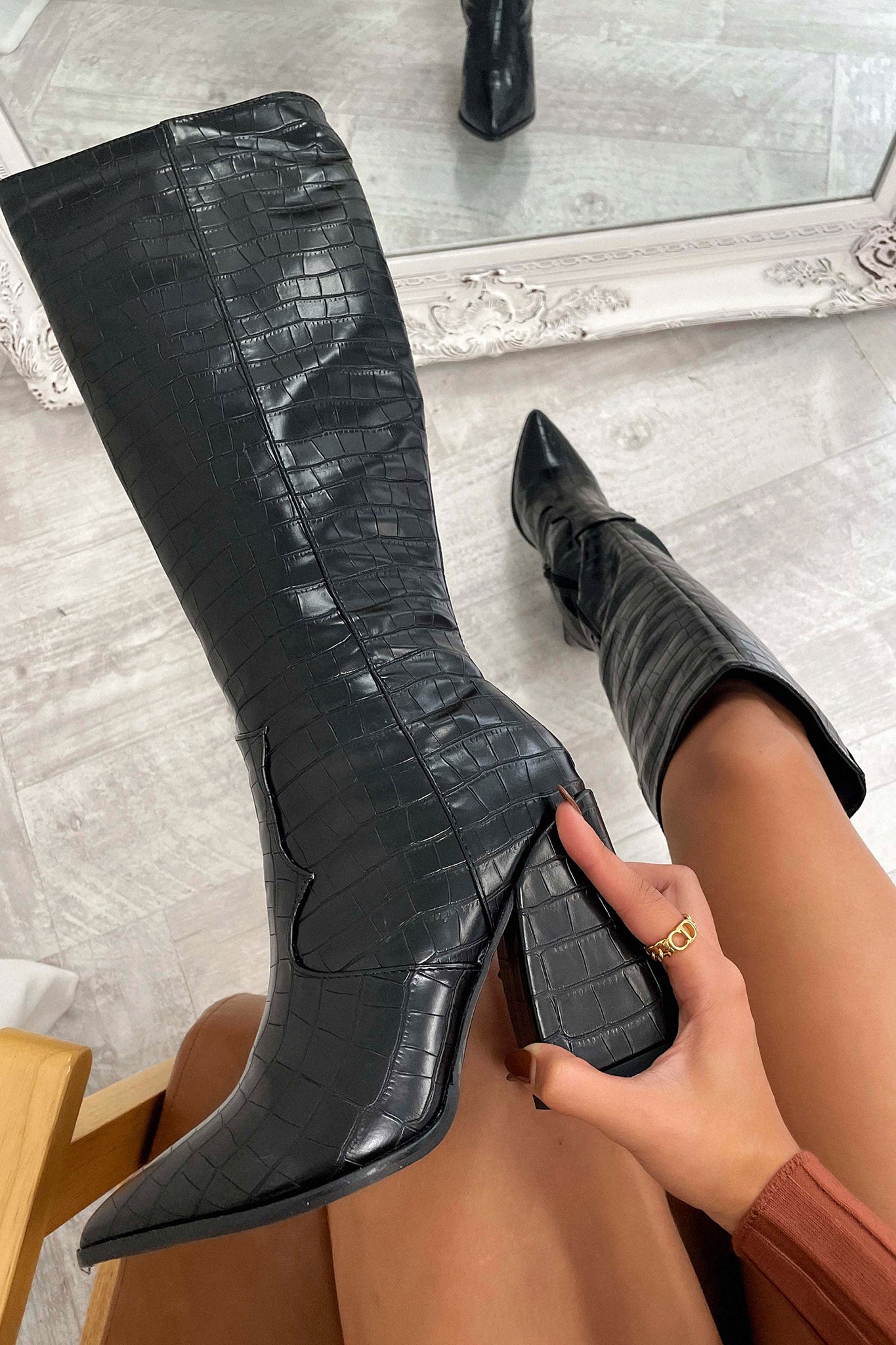 Kimberly Benn | Black Croc Knee-High Boots