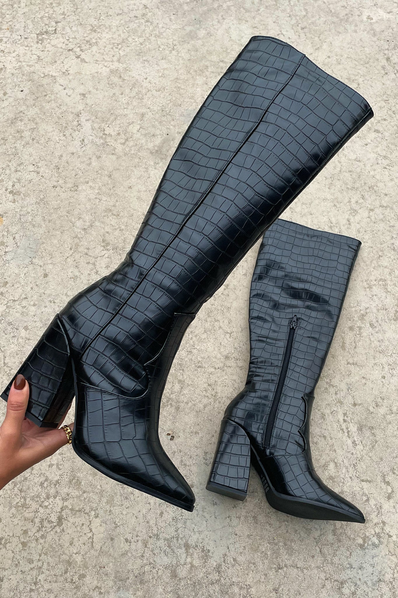 Kimberly Benn | Black Croc Knee-High Boots