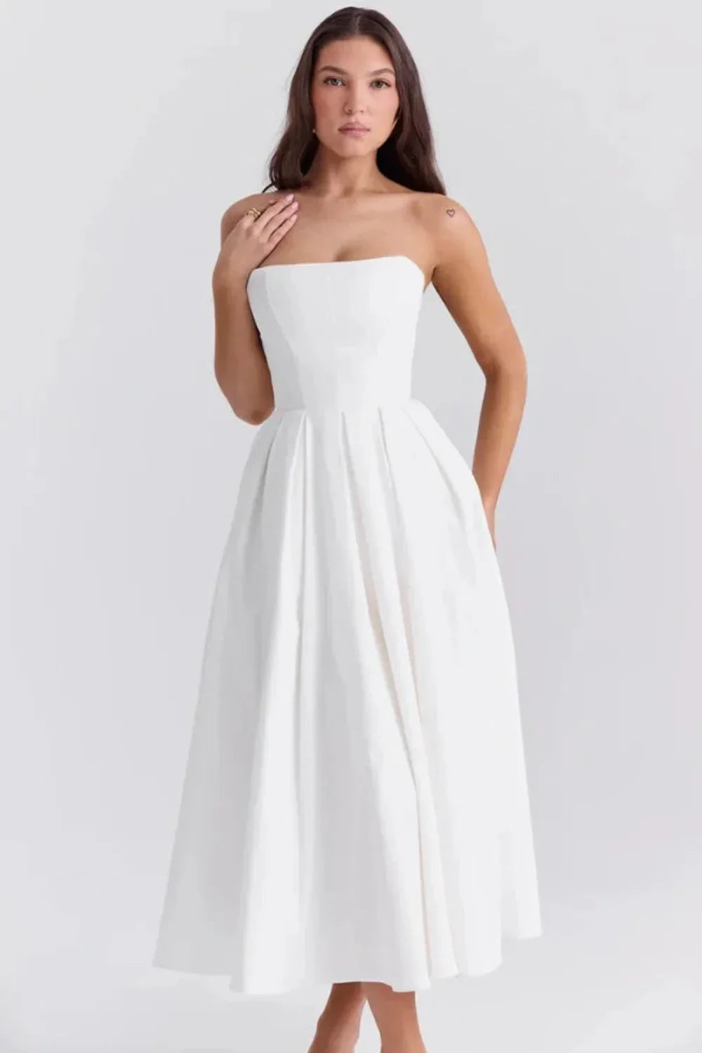 strapless midi dress wedding guest Karen miriam-exclude Formal Long Sleeve Lace Fabric has no stretch Color:NUDE
