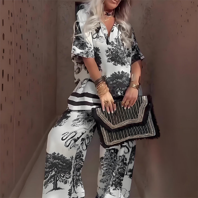 Kimberly Benn | Printed Top With V-Neck And Long Pants