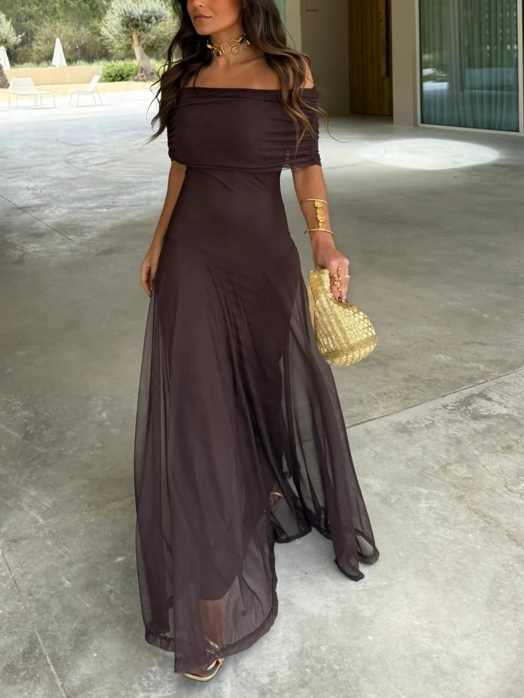 brown off the shoulder wedding guest dress Ever-Pretty Knit Off-the-shoulder Sleeve A-Line Cocktail Dress